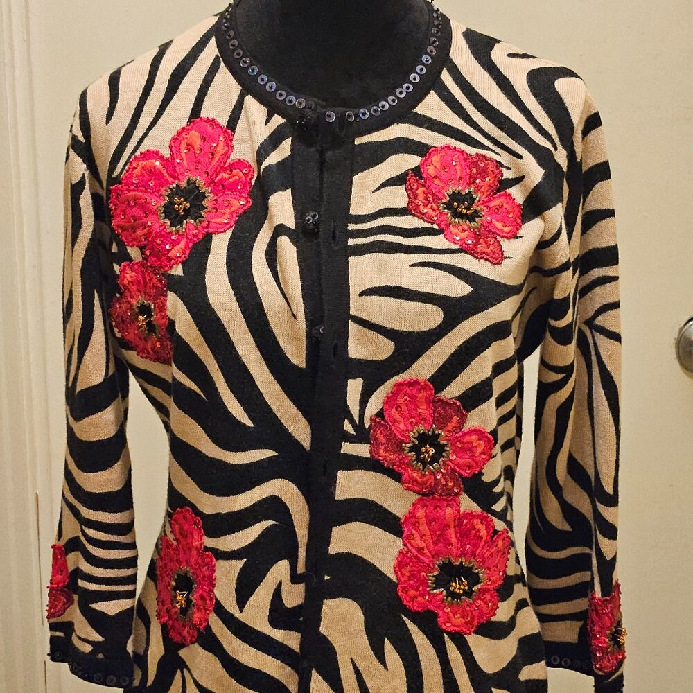 Vtg. Jack Be Quick Beaded Zebra Print 3/4 Sleeve Sweater Size Small